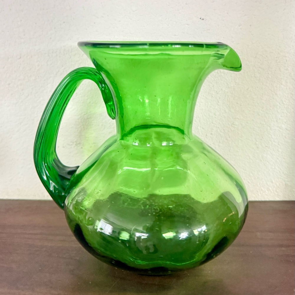 MCM Blenko Glass Pitcher Handblown Emerald Green vase 5" Applied Handle